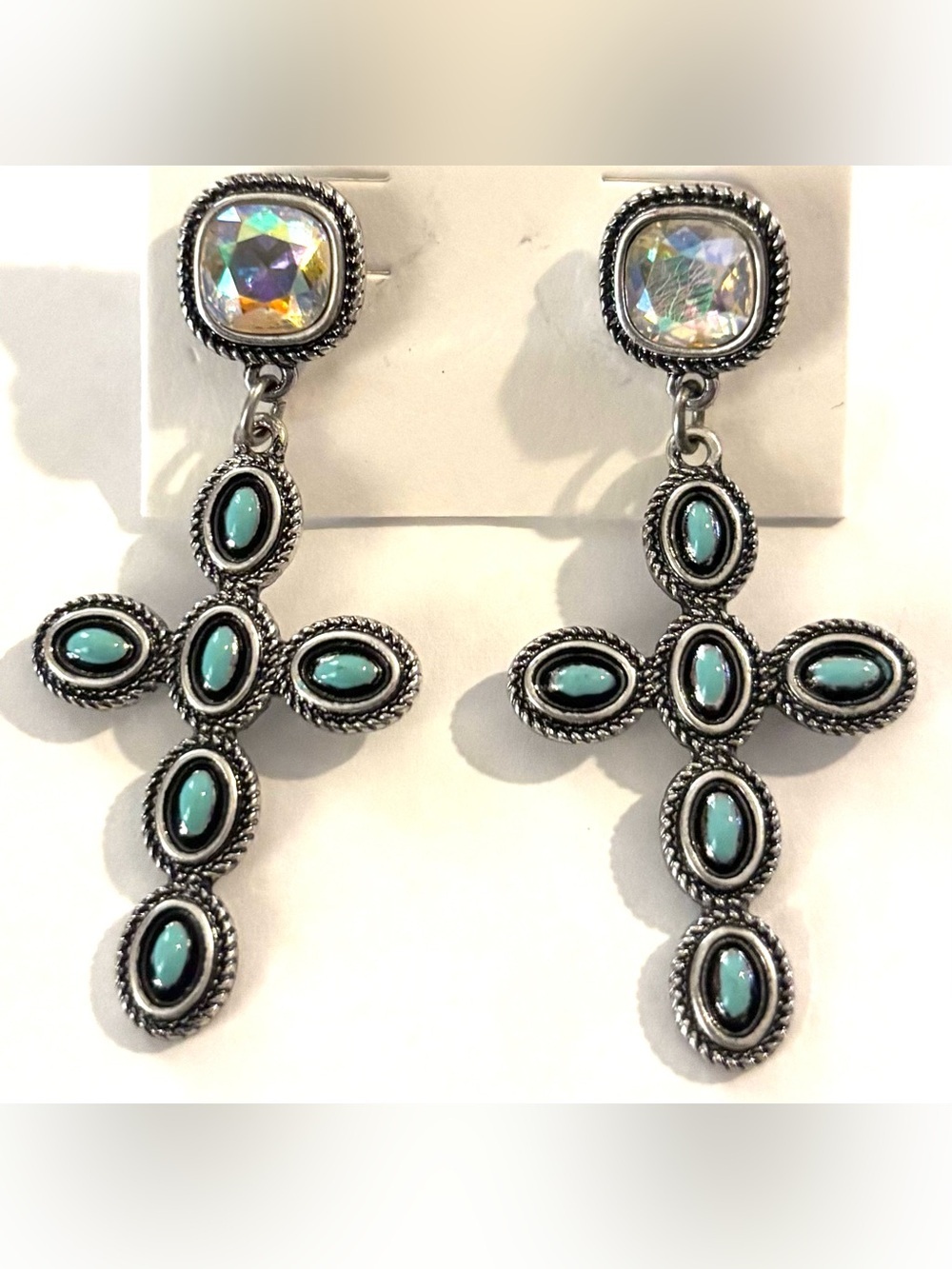 Vintage Turquoise and Iridescent Cross Drop Earrings - Silver